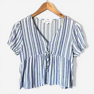 Pink Rose Tie-Front Blue and White Striped Blouse Womens Small Coastal Boho 90s